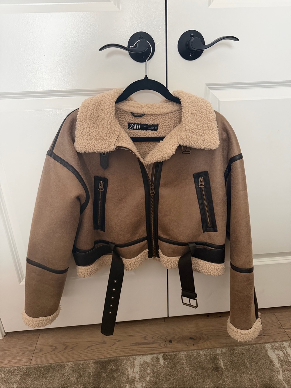 ZARA Tan Faux Shearling Aviator Jacket with Cream Collar